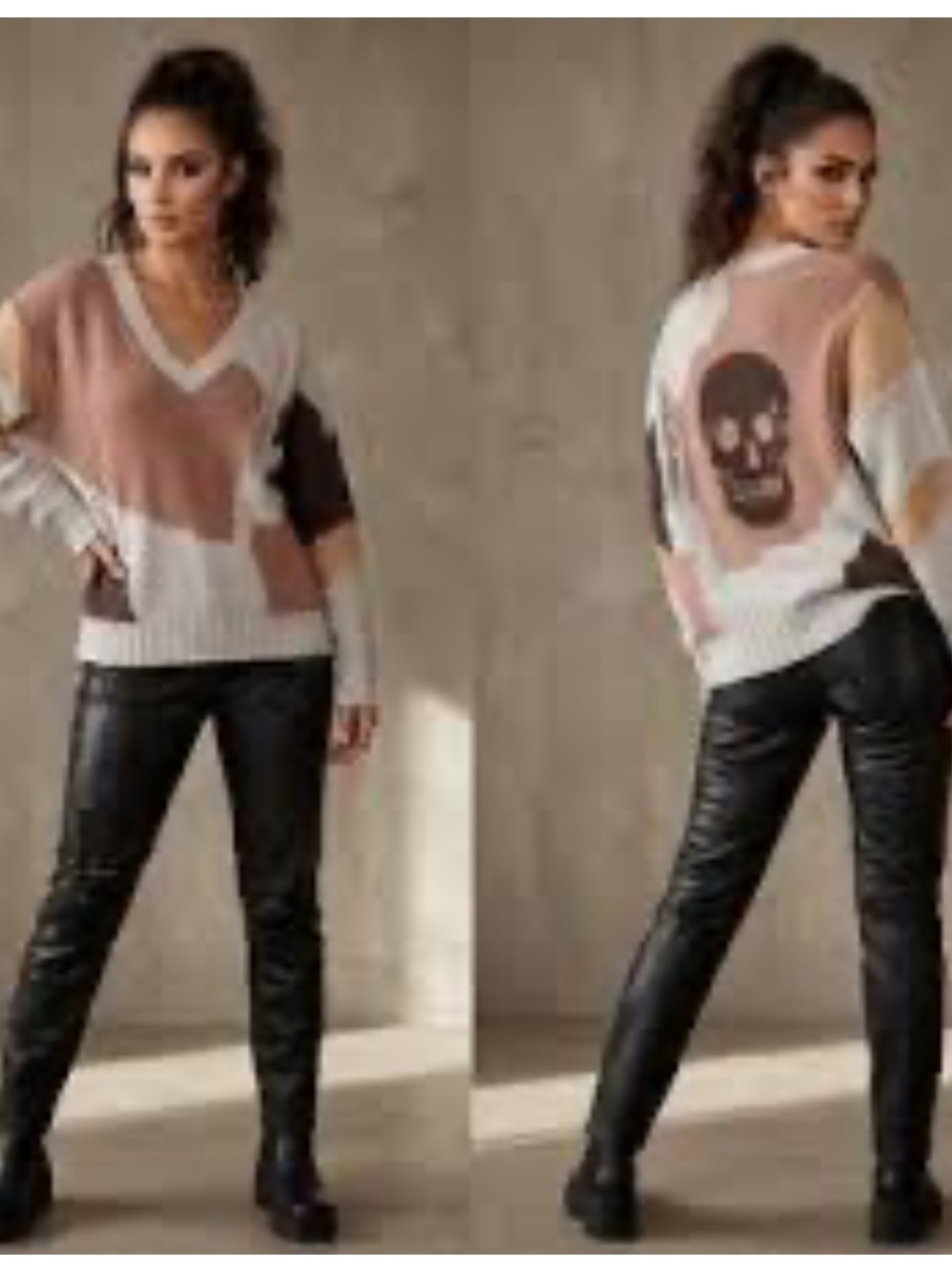 Skull Cashmere Cayenne Color-Block Camo Skull Wool Cashmere V-Neck Sweater M
